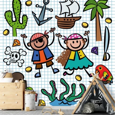 Pirate Adventure Wallpaper for Kids\' Room 0488 - Features pirates, a ship, palm trees, and treasures.