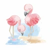 Children\'s room wallpaper Flamingos 0494 - Graphic design featuring two pink flamingos standing in water, one with its head down.