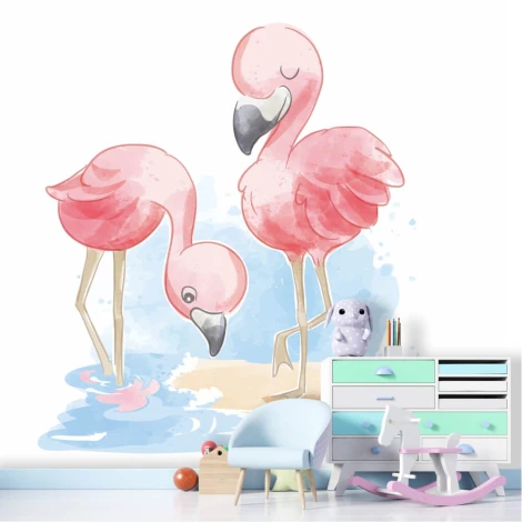 Children\'s room wallpaper Flamingos 0494 - Graphic design featuring two pink flamingos against a water and sand background.