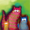 Cat Family Wallpaper 0477 for Kids\' Room - Graphic design featuring three colorful cats with big eyes and whiskers.