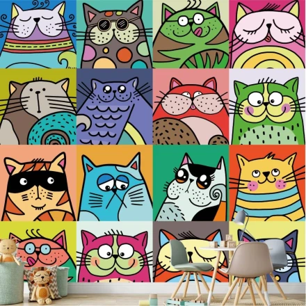 Wallpaper For A Child'S Room Colorful Happy Cats 0489