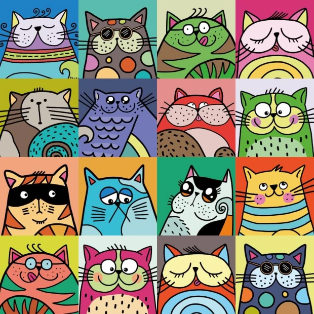 Colorful happy cats wallpaper for kids\' room - Graphic design featuring cats in various colors and shapes, wearing glasses.