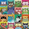 Colorful happy cats wallpaper for kids\' room - Graphic design featuring cats in various colors and shapes, wearing glasses.