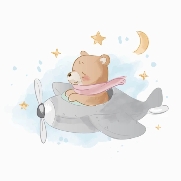 Children\'s wallpaper Bear in a plane 0493 - Graphic design featuring a bear in a plane surrounded by stars and the moon.