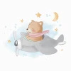 Children\'s wallpaper Bear in a plane 0493 - Graphic design featuring a bear in a plane surrounded by stars and the moon.