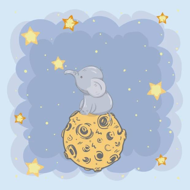 Elephant wallpaper for kids\' room, featuring a graphic design of an elephant on a yellow planet surrounded by stars.