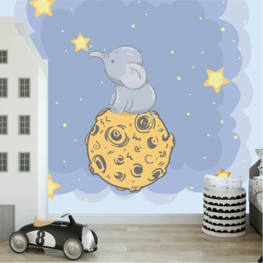 Elephant, moon, and stars wallpaper for children\'s room - bright walls and furniture arrangement.