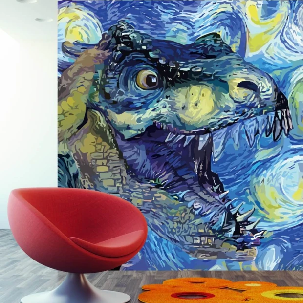 Tyrannosaurus Rex wallpaper for kids\' room - Modern decor with light-colored walls and flooring.