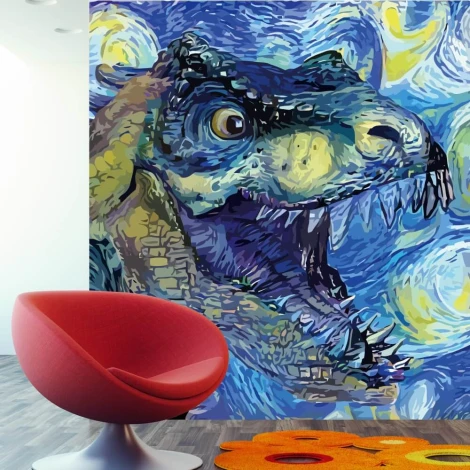 Tyrannosaurus Rex wallpaper for kids\' room - Modern decor with light-colored walls and flooring.