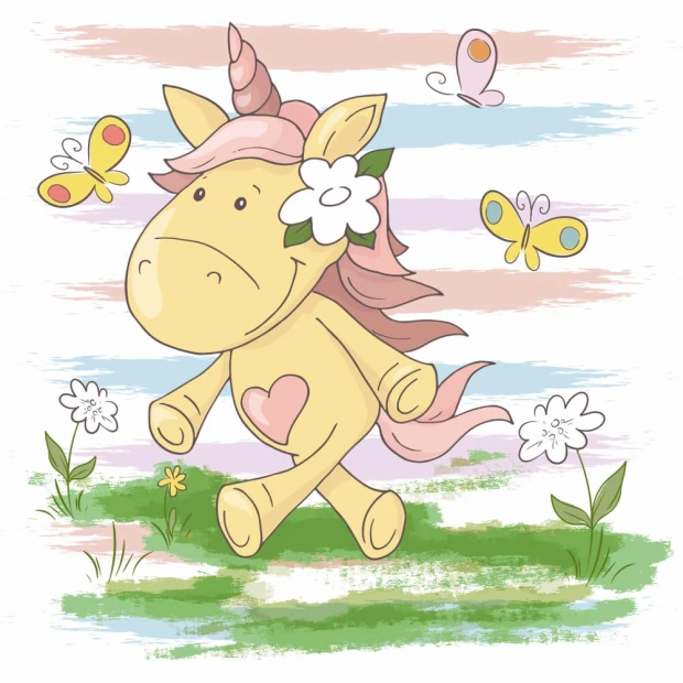 Unicorn wallpaper for kids\' room, featuring flowers and butterflies in a graphic design.