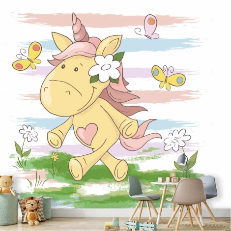 Unicorn wallpaper for kids\' room, featuring flowers, butterflies, and a unicorn with a pink mane.