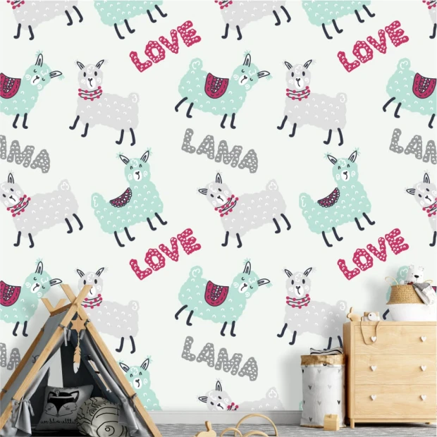 Love Lama 0464 wallpaper for girls\' room - Graphic design with pastel-colored llamas and text.