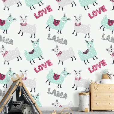 Love Lama 0464 wallpaper for girls\' room - Graphic design with pastel-colored llamas and text.