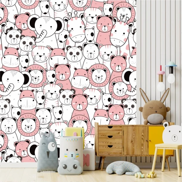 Animal wallpaper for girls\' room 0492 - Brightly colored walls and natural furniture in a children\'s room setting.