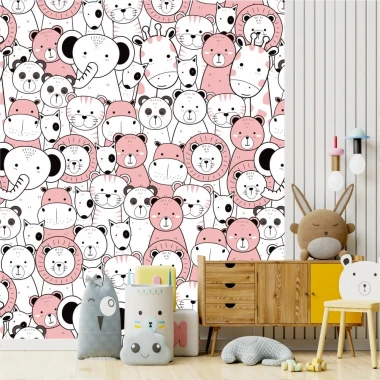 Animal wallpaper for girls\' room 0492 - Brightly colored walls and natural furniture in a children\'s room setting.