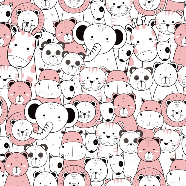 Animal-themed wallpaper for girls\' room 0492 - Graphic design with pink animal illustrations on a white background.