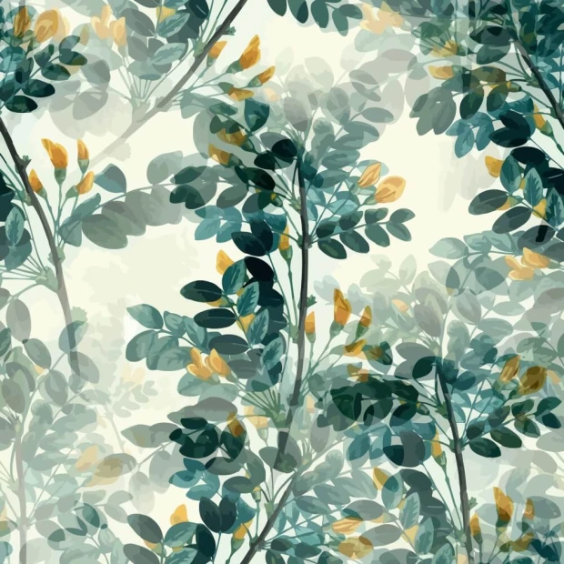 Branch and Leaf Wallpaper 0490 - Graphic design with green leaves and branches on a light background.