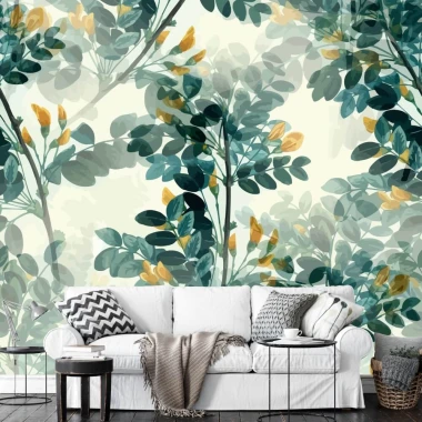 Branch and leaf wallpaper 0490 - Living room decor with light-colored walls and white furniture.
