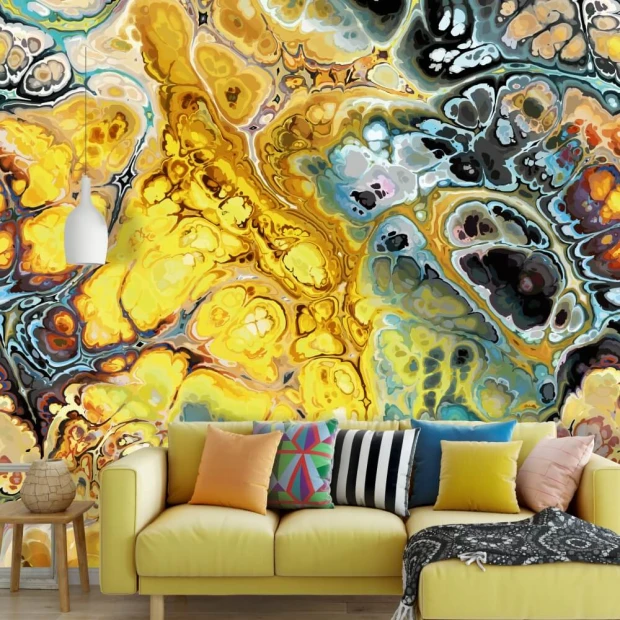 Marble wallpaper 0485 - Living room design with walls in shades of yellow, blue, and black.