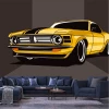 Youth wallpaper with yellow sports car 0479 - Living room decor. Gray walls and dark furniture.