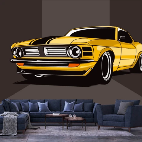 Youth wallpaper with yellow sports car 0479 - Living room decor. Gray walls and dark furniture.