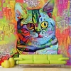 Abstract cat portrait wallpaper 0471 - Living room setup with vibrant walls and a green sofa.