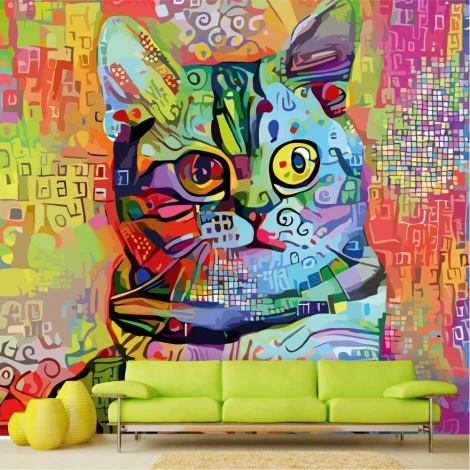 Abstract cat portrait wallpaper 0471 - Living room setup with vibrant walls and a green sofa.