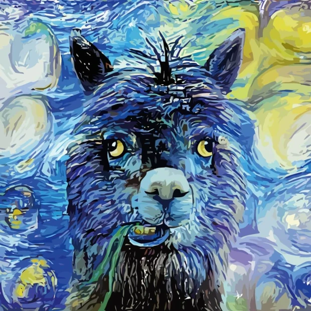 Alpaca wall mural, impressionist portrait 0468 - Graphic design featuring an alpaca with large eyes on a background.