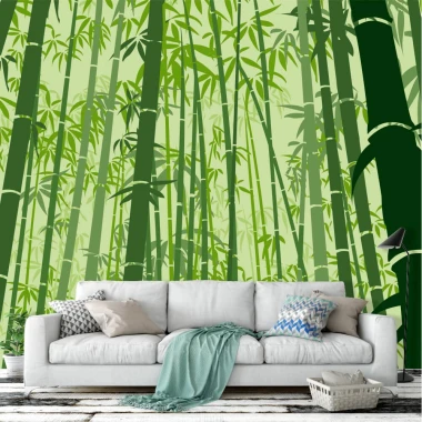 Bamboo wall mural 0497 - Living room decor with green walls and light furniture.