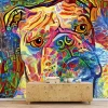Bulldog wallpaper, geometric dog portrait 0473 - Living room decor with light walls and modern furniture.