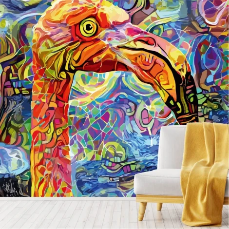 Flaming wall wallpaper, impressionist illustration 0482 - Graphic pattern. Colorful flamingo on an abstract background.