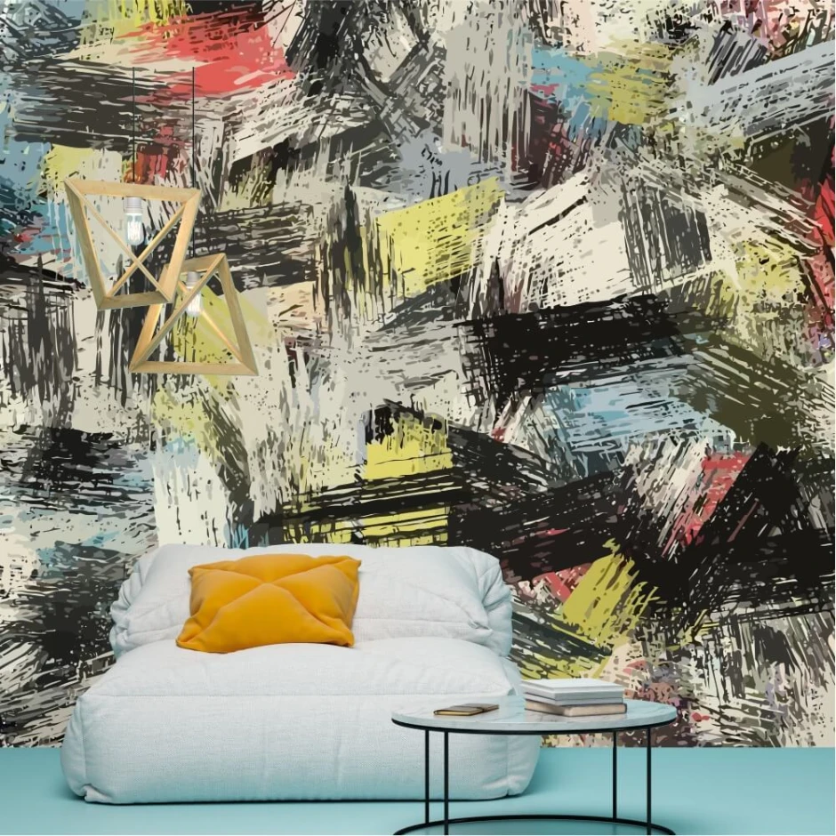 Colorful abstract wall mural 0484 - Living room decor with gray walls and vibrant hues.