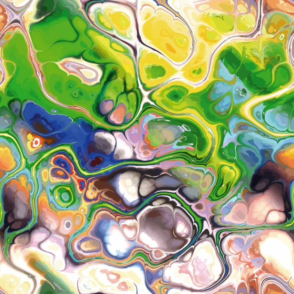 Marble wall wallpaper, abstract design 0480 - Colorful organic shapes in green and blue.