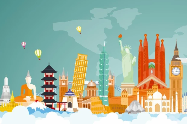 World Cities Wallpaper 0502 - Graphic design featuring famous landmarks, including the Eiffel Tower.