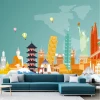 World Cities Wallpaper 0502 - Living room arrangement. Walls in shades of blue and green.