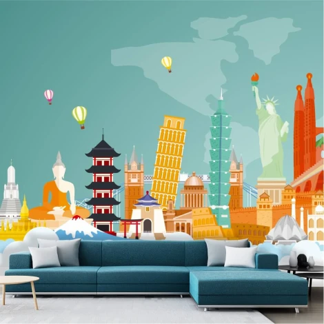 World Cities Wallpaper 0502 - Living room arrangement. Walls in shades of blue and green.