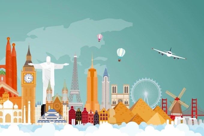 Wall mural Famous World Landmarks 0503 - Graphic design featuring various landmarks as colorful icons.