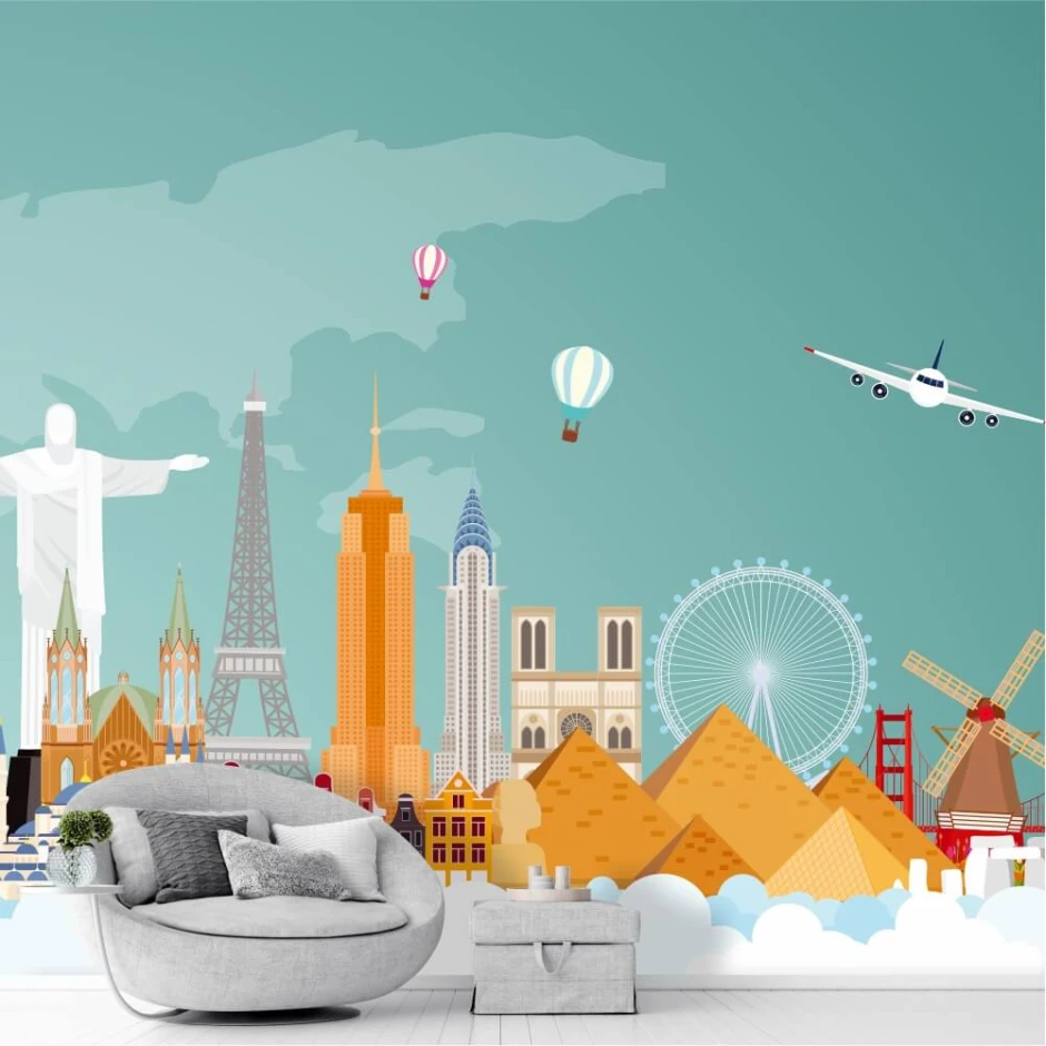 Wall mural of the world\'s most famous landmarks 0503 - Graphic design featuring building silhouettes, clouds, and balloons.