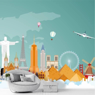 Wall mural of the world\'s most famous landmarks 0503 - Graphic design featuring building silhouettes, clouds, and balloons.