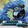 Parrot wallpaper in Vincent van Gogh style 0466 - Living room decor with blue and yellow walls.
