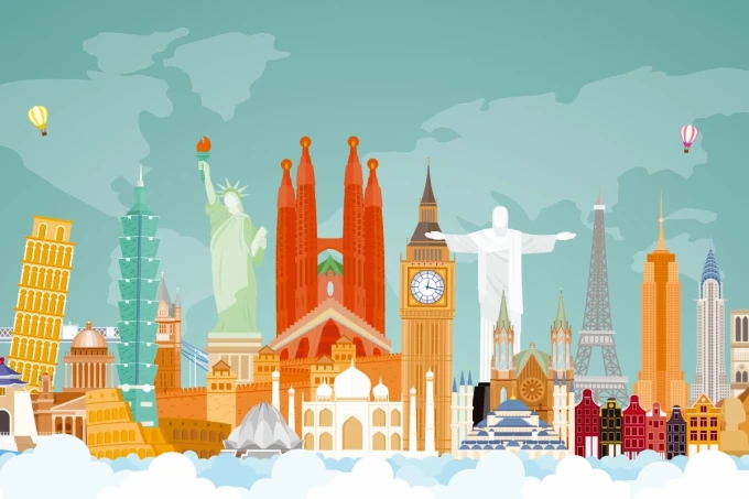 World Travel Wallpaper 0501 - Graphic design featuring architectural elements from various cities, including the Eiffel Tower.