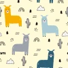 Children\'s room wallpaper Landscape with llamas 0465 - Graphic design. Colorful llamas on a light background with mountains.