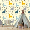 Kids\' room wallpaper Landscape with Llamas 0465 - Graphic design featuring colorful llamas on a light background with cacti.