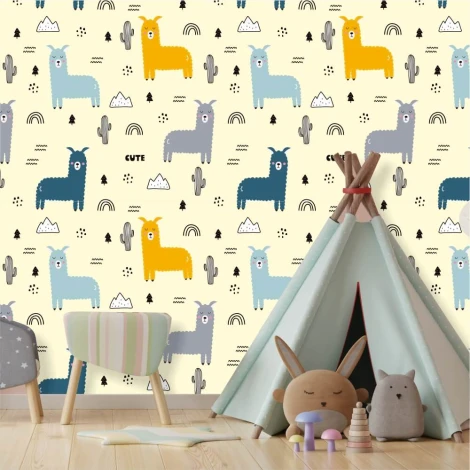 Kids\' room wallpaper Landscape with Llamas 0465 - Graphic design featuring colorful llamas on a light background with cacti.
