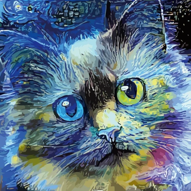 Wall wallpaper Portrait of a cat in van Gogh style 0467 - Graphic pattern. Cat with large eyes in shades.