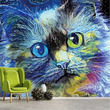 Wall mural of a cat portrait in Van Gogh style 0467 - Graphic design. Cat with large eyes in vibrant colors.