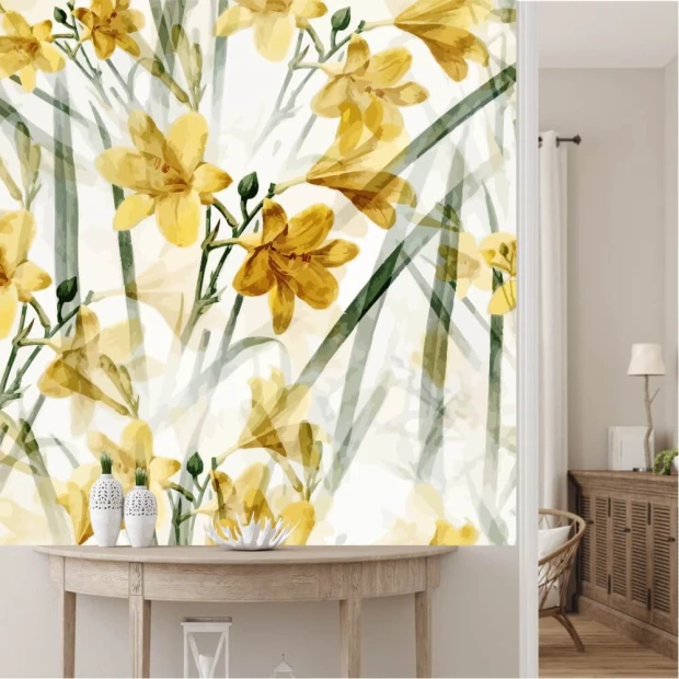Floral wallpaper for living room or bedroom, featuring flowers 0476 - Bright walls and natural furniture arrangement.