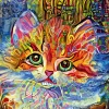 Sweet Kitten 0475 wallpaper - Colorful cat with big eyes surrounded by abstract shapes.