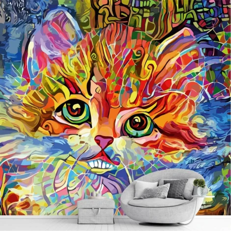 Sweet Kitten Wallpaper 0475 - Living room decor with vibrant colors in shades of blue and green.