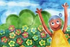 Happy Child wallpaper, meadow, flowers 0483 - Graphic design. Character with a smile among colorful flowers.